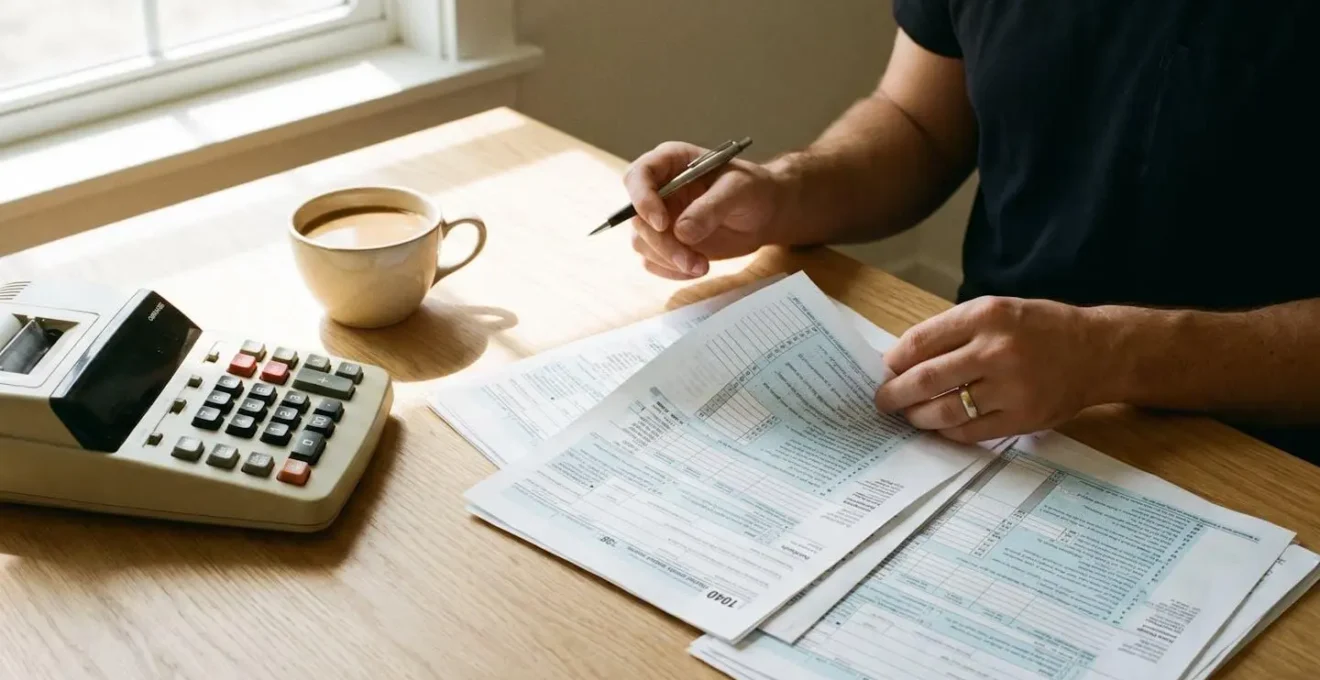 Personne utilisant une calculatrice et des documents fiscaux pour simuler la plus-value d'une revente LMNP