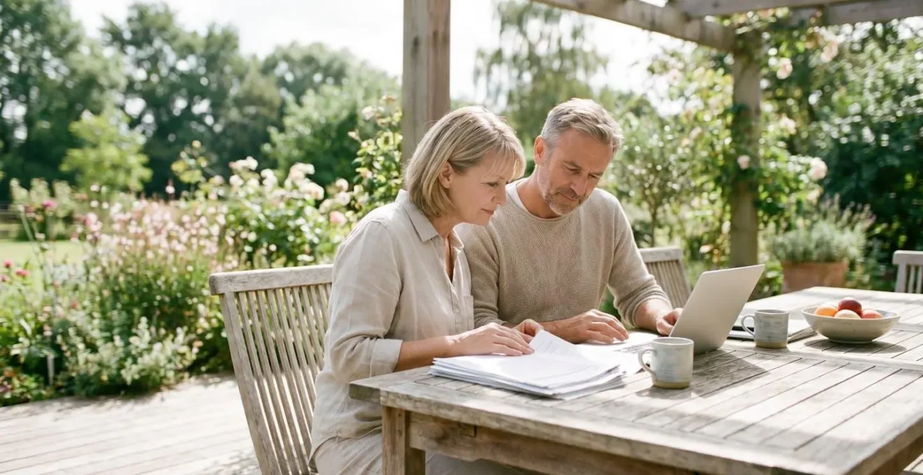 Couple de quinquagénaires analysant un dossier de revente LMNP sur une terrasse ensoleillée
