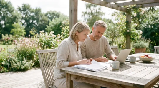 Couple de quinquagénaires analysant un dossier de revente LMNP sur une terrasse ensoleillée